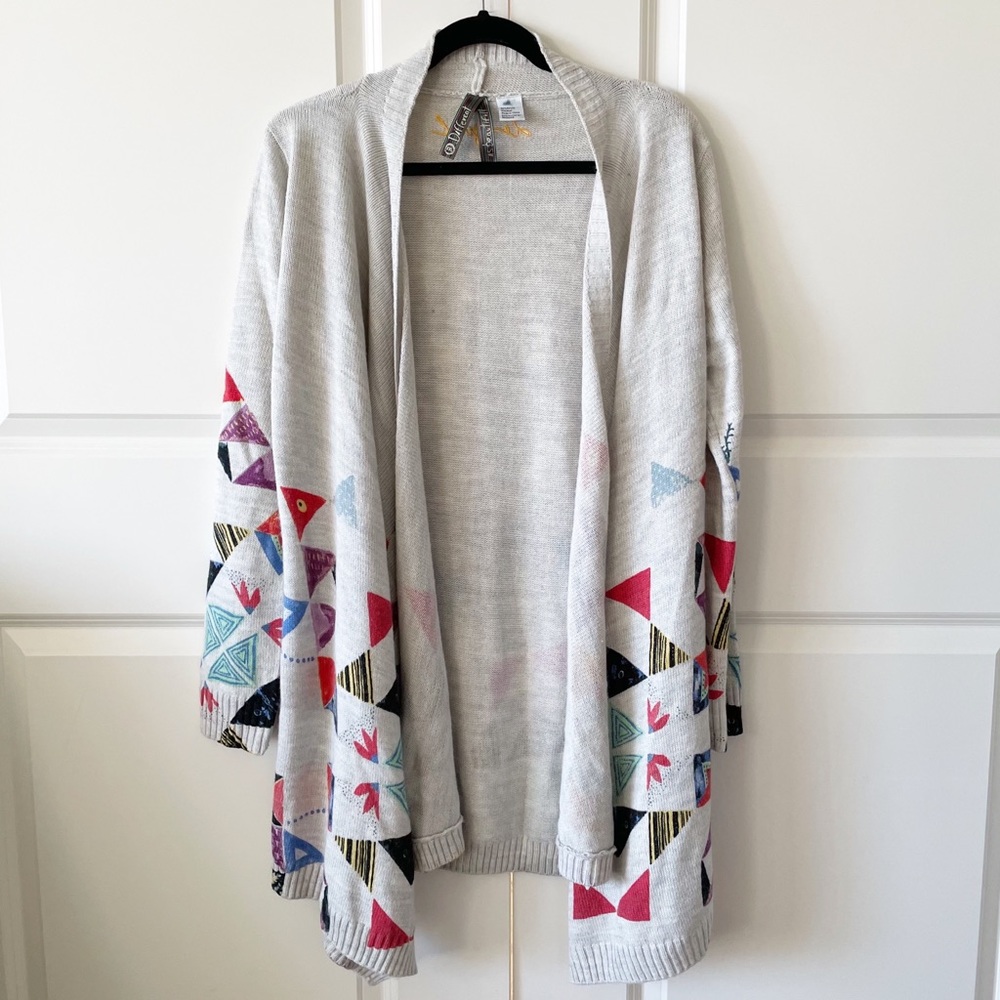 Desigual Light Gray Open-Front Cardigan with Multicolor Geometric Trim